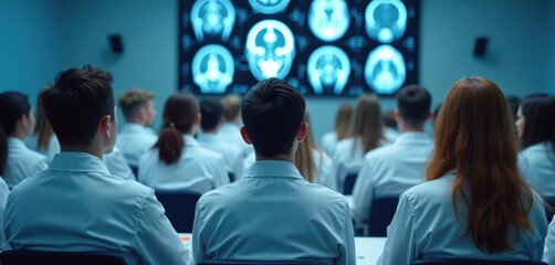 Medical students, professionals attend radiology lecture. Focus on brain imaging techniques, neurological conditions, modern educational setting. Medical professionals study advanced tech, brain