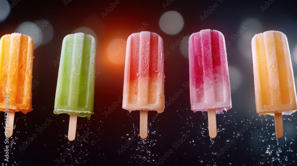 Poster a vibrant array of colorful ice cream popsicles displayed in a row, capturing the joy of summer with