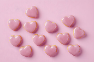 Obraz premium Valentines day greeting card with heart shaped cookies with pink glaze on girly pastel pink background. View from above. Copy space.