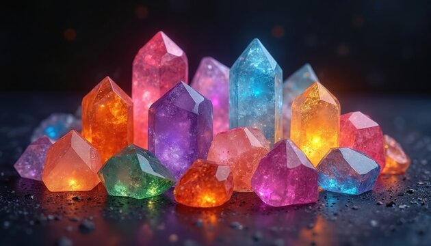 Collection of vibrant colorful glowing crystals. Gemstones minerals with mystical energy. Magical shiny collection of amethyst quartz stones with light, bokeh effects. Suitable for alternative