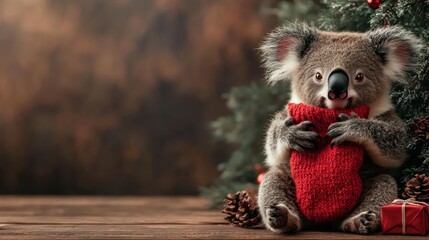 This adorable koala captures the Christmas spirit as it lovingly holds a vibrant red stocking by a decorated tree, conveying warmth, joy, and holiday cheer for all ages.