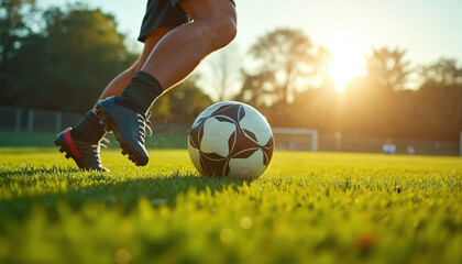 Soccer player kicks ball on green field in sunlight. Athlete foot, game action with ball, sunny outdoor training, competition, sport. Goal, stadium, close-up, summer, grass.