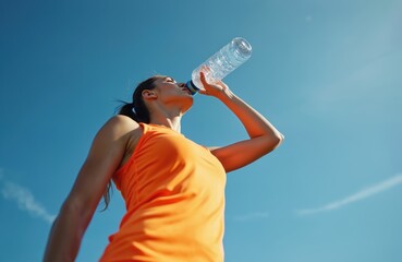 Young woman drinks water from bottle after workout. Female athlete hydrating outdoors. Active sportswoman refreshing after physical exercise against blue sky. Healthy lifestyle hydration.