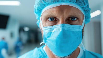 A close-up shot of a medical professional in scrubs and mask, showcasing determination and focus typical of healthcare workers in a hospital environment during critical times.