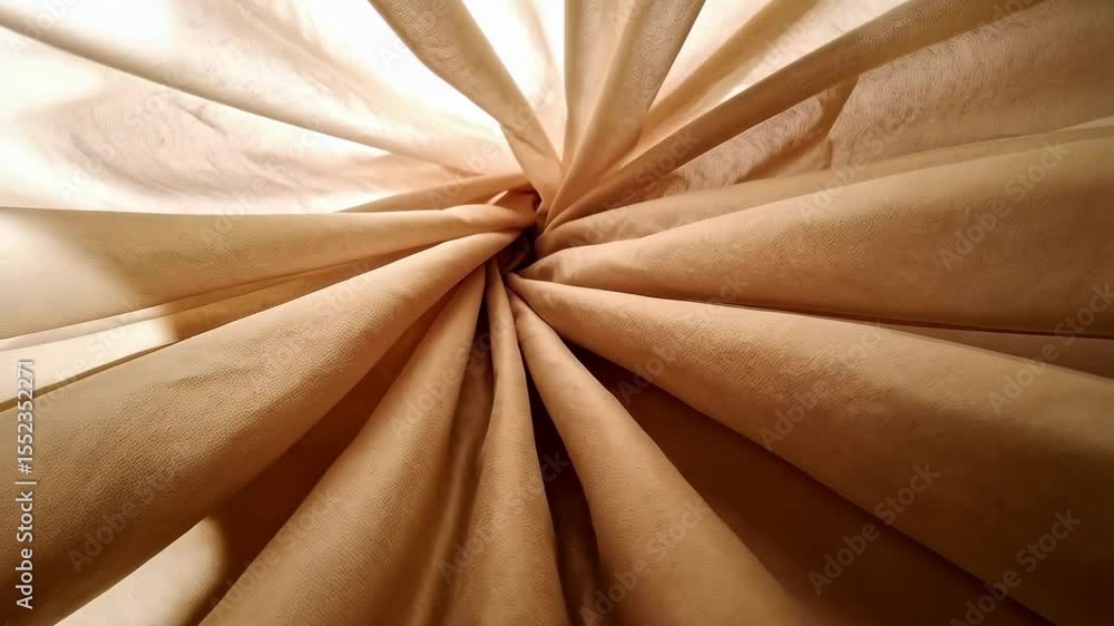 Poster abstract arrangement of tan colored fabric folds converging to a central point, creating depth and t