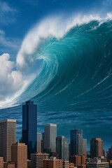 Massive Tsunami Wave Approaching a City Skyline - Natural Disaster