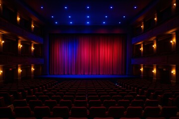 Empty Theater Stage with Red and Blue Curtains - Performance Venue