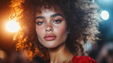 An eye-catching portrait of a fashion model with vibrant makeup and curly hair, embodying style and confidence in a creative environment, perfect for showcasing beauty.