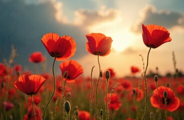 Fototapeta premium Red poppy field, wild Papaver flowers. Vibrant poppies bloom against dramatic sky with sunlight. Nature scene with blooming flowers. Summer season floral background.