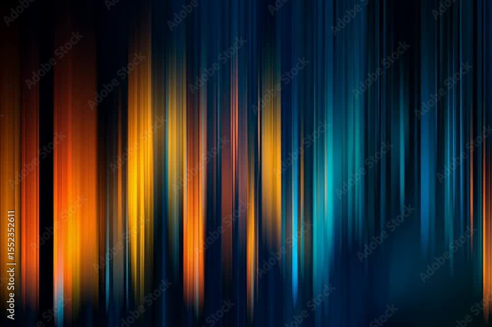 Poster dark blue background with vertical lines of orange and cyan lights, creating an abstract gradient ef
