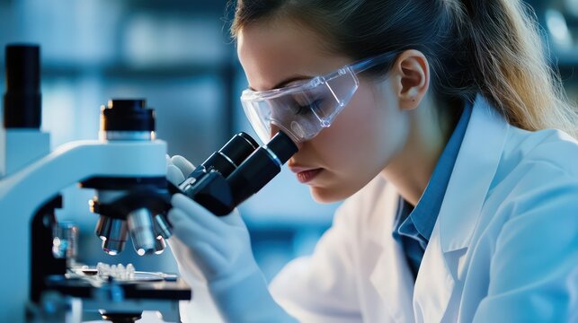 Scientist Examining Sample Through Microscope in Laboratory, Protective Eyewear