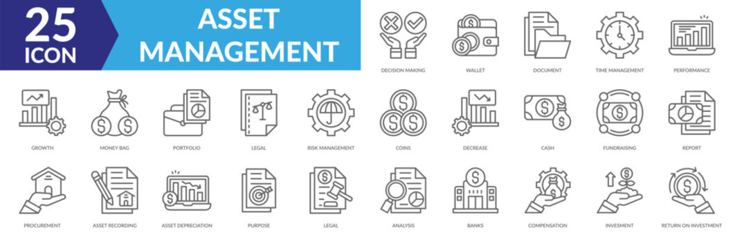 Waste management icon collection set. Containing Decision Making, Wallet, Document, Time Management, Performance, Growth, Money Bag, Portfolio, Legal, Risk Management