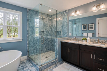 Sleek modern bathroom featuring frameless glass shower