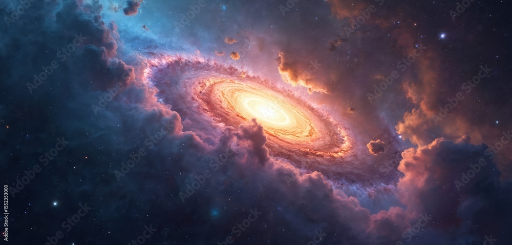 Poster Amazing cosmos image of a galaxy with nebula. Stars and clouds of gas and dust form a beautiful spiral pattern, a stunning celestial scene. Perfect for science backgrounds, space exploration projects.
