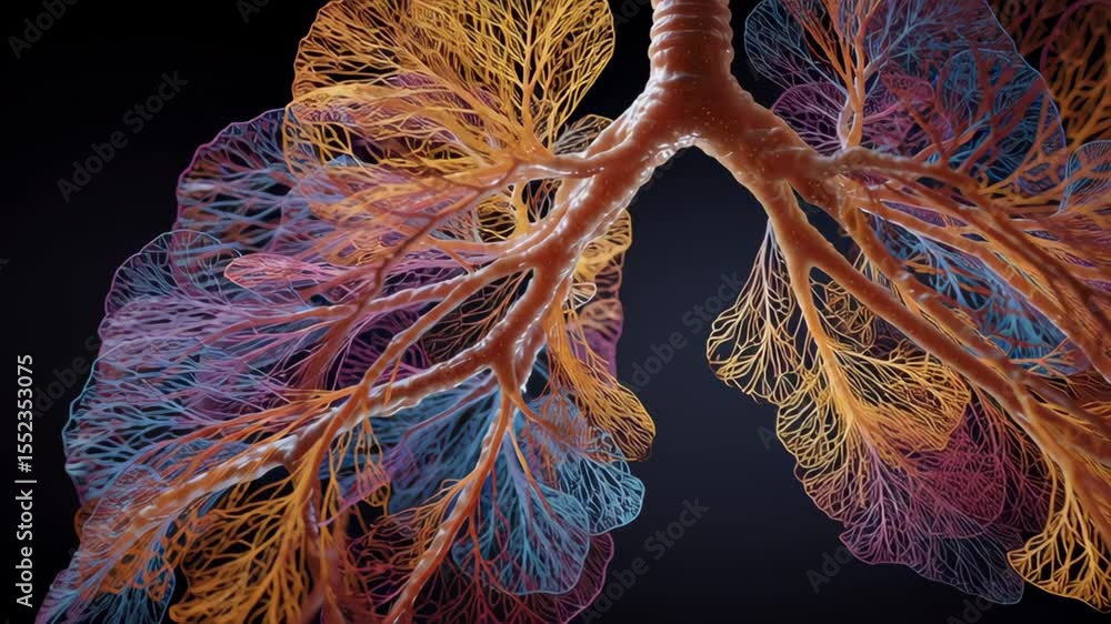 Poster detailed medical visualization presenting rotating human lung anatomy, revealing intricate bronchial