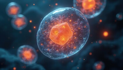 Naklejka premium Digital illustration of chemical compound breaking down within glowing human cell. Energy particles transfer highlights biochemical processes. Science, medicine, tech innovations visualization for