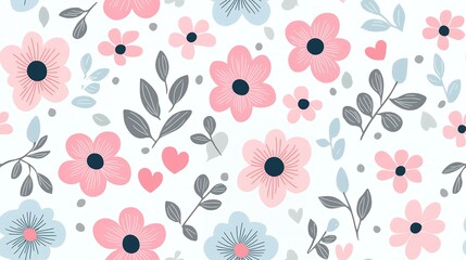 Pink Blue Grey Floral Pattern Seamless Pastel Flower Background
