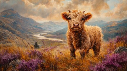 Highland Calf in Majestic Scottish Landscape Oil Painting Illustration