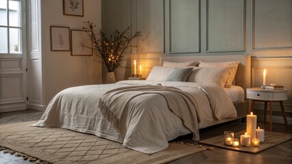Neutral Toned Bedroom with Linen Bedding and Candles - Cozy, Relaxing, and Serene Ambiance for Wellness