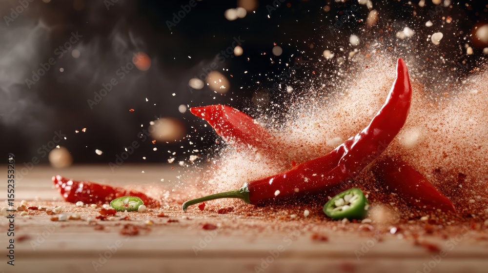 Poster dynamic imagery of red chilies with spices creating a stunning visual effect, representing bold flav