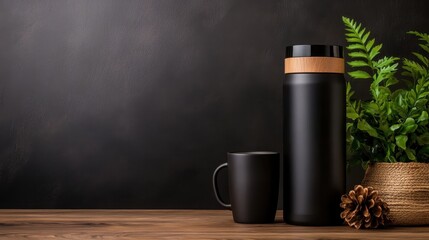 A sleek black thermos and mug duo, complemented by a green plant, showcasing a minimalist and modern aesthetic perfect for any contemporary kitchen or office space.