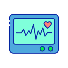 Heart rate monitor symbol icon representing medical equipment in flat design with blue and turquoise colors, copy space