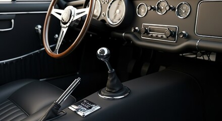 Interior of a vintage classic car showing a manual gear shifter, leather seats, wooden steering wheel, and retro dashboard controls under soft natural light.