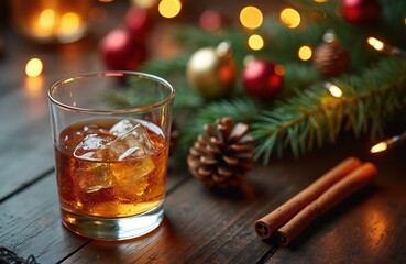 Festive glass whiskey ice cubes holiday decorations on wooden table. Christmas spirit with warm bokeh lights pine cones cinnamon sticks. Winter celebration drinks.