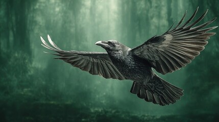 Fototapeta premium A majestic black crow in flight, wings spread wide against a muted green forest backdrop. A breathtaking moment of nature.