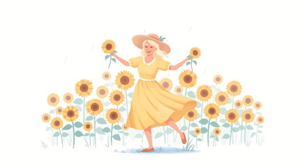 Fototapeta premium Happy woman in yellow dress with sunflowers field illustration summer vibes and floral background art design vector