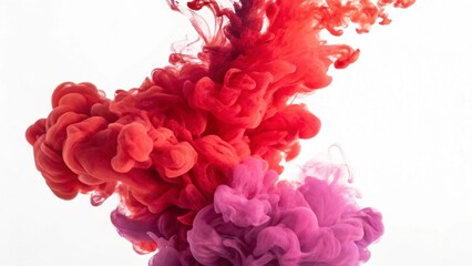 Fototapeta premium Vibrant Red and Magenta Smoky Ink Explosion in Water on White Background - Abstract Dynamic Color Cloud Diffusion Art