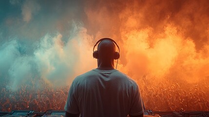 Obraz premium A male DJ seen from behind, wearing headphones, plays to a large crowd in a smoky, dimly lit setting. The mood is electric!