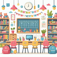 image of school library with children's decoration with simple and minimalist flat design using white background