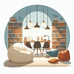 image of a comfortable reading area with bean bags and soft lighting with a simple and minimalist flat design using a white background