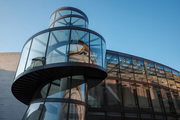 The iconic glass spiral staircase of the modern exhibition hall at the German Historical Museum (Deutsches Historisches Museum) in Berlin.