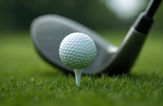 Golf ball on tee ready for swing. Golf club driver poised over ball on lush green grass. Sport equipment on golf course. Focus on precision shot. Golfing leisure game.