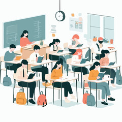 image of several students sitting on classroom benches while studying with a simple and minimalist flat design using a white background
