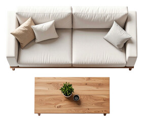 top view of white double sofa with wooden table isolated on white