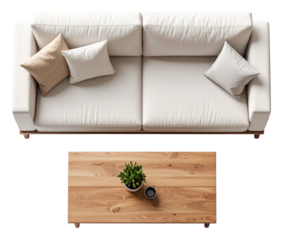 top view of white double sofa with wooden table isolated on white