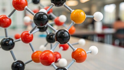Close-Up of 3D Molecular Structure Model with Colorful Atoms and Bonds