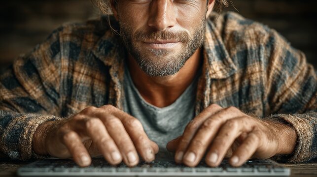 Close-up of a man's hands typing on a keyboard.  He's wearing a plaid shirt, conveying a rugged and focused mood.