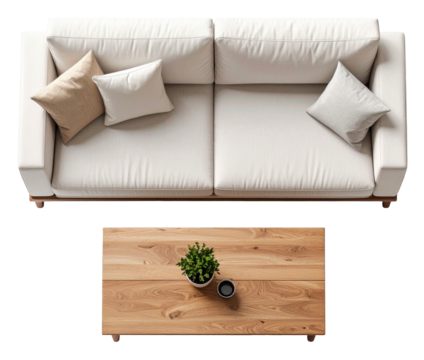 top view of white double sofa with wooden table isolated on white