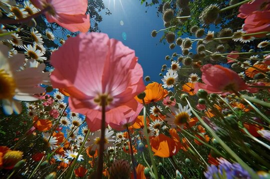 A worms' eye view from underneath of a beautiful garden of flowers with poppies, daisies and a blue sky.