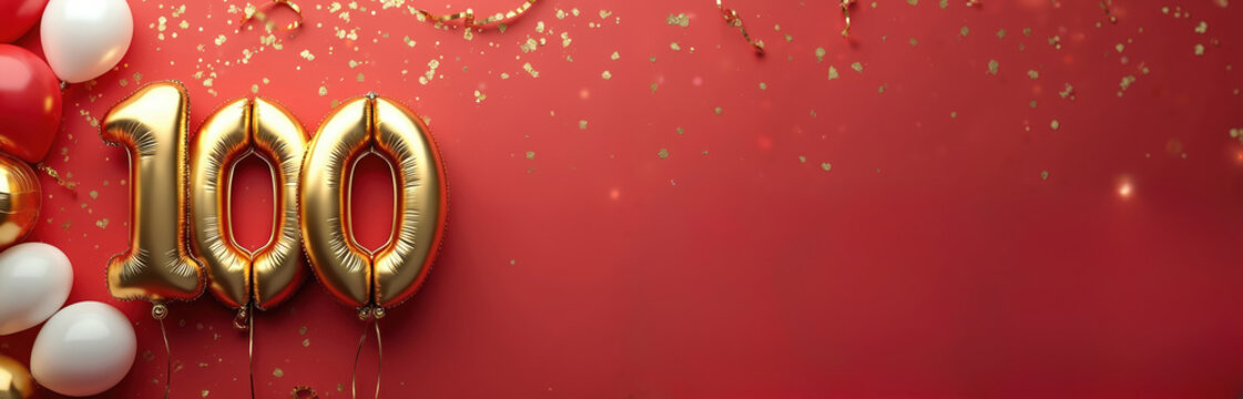 Gold foil balloon number one hundred on red background. Anniversary, birthday celebration event with gold confetti and bokeh lights. Festive, jubilee, event, greeting card design. - Powered by Adobe