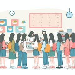 image of a school canteen atmosphere with students buying food with a simple and minimalist flat design using a white background