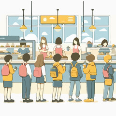 image of a school canteen atmosphere with students buying food with a simple and minimalist flat design using a white background