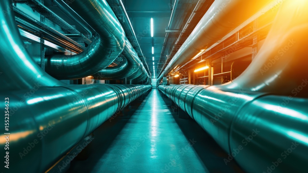 Poster an impressive view of shiny metallic industrial pipes in a modern facility, showcasing engineering p