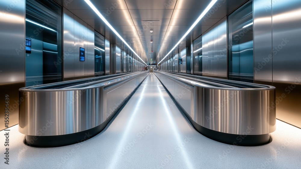 Poster a sleek, futuristic airport walkway highlighted by glowing lights and smooth surfaces, creating an i