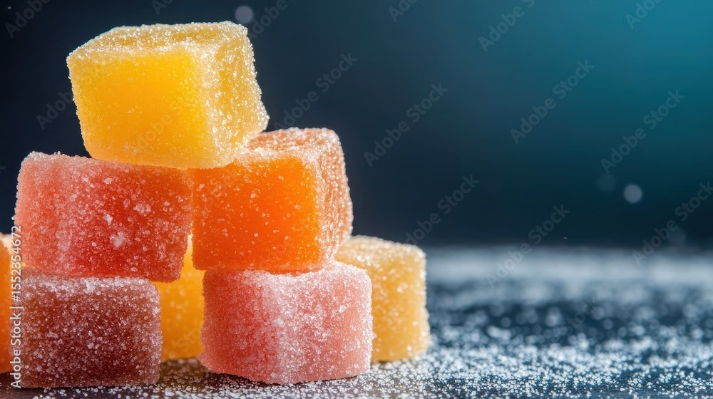 Poster a striking visual of sugar-coated gummy cubes in vibrant colors arranged in a pleasing stack, creati