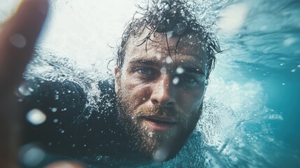 A close-up image of a swimmer's face underwater, showcasing determination and thrill as water bubbles surround him in a captivating shot filled with movement and clarity.